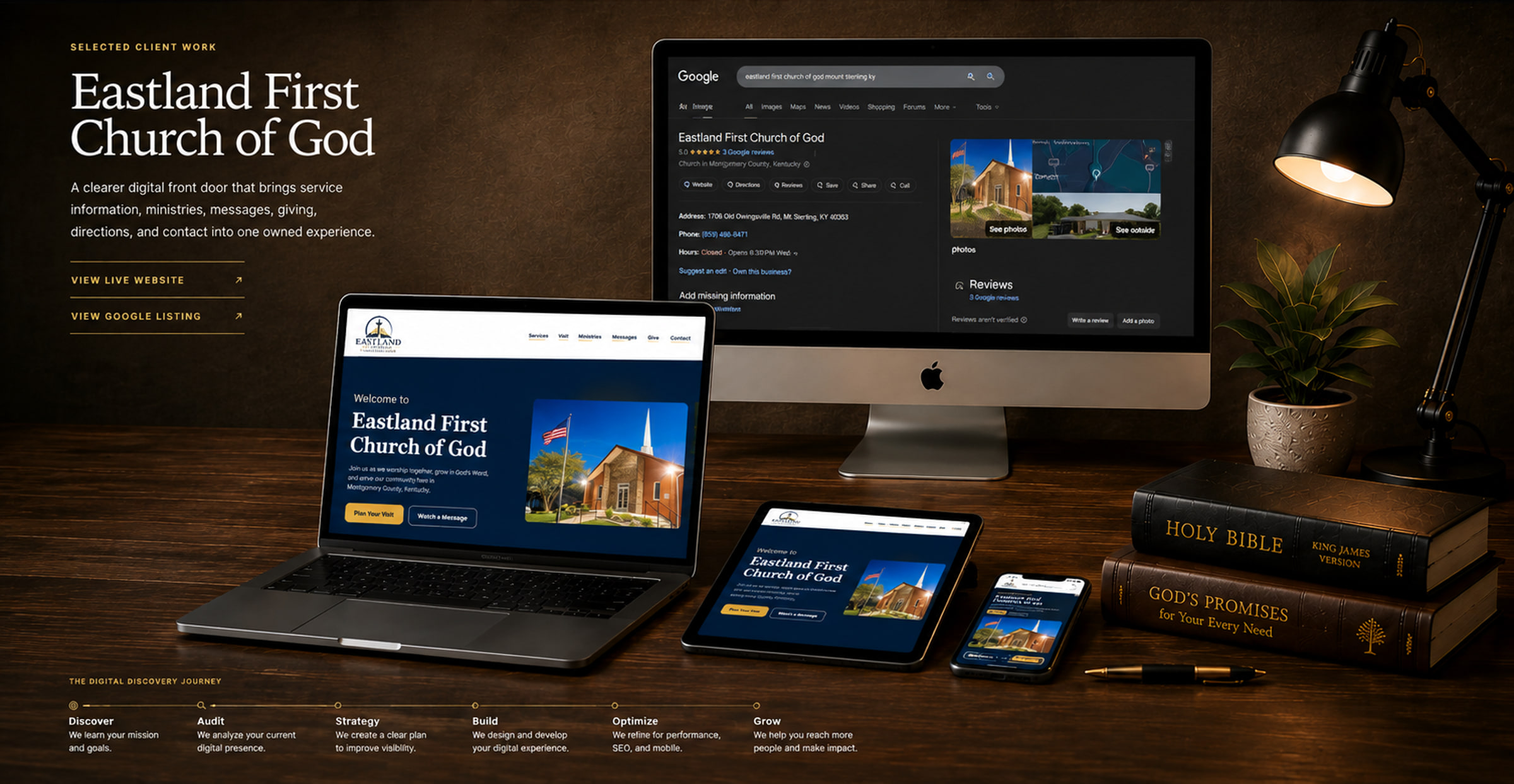 Complete Eastland First Church of God client-work presentation across desktop, laptop, tablet, and phone displays on a warm executive desk