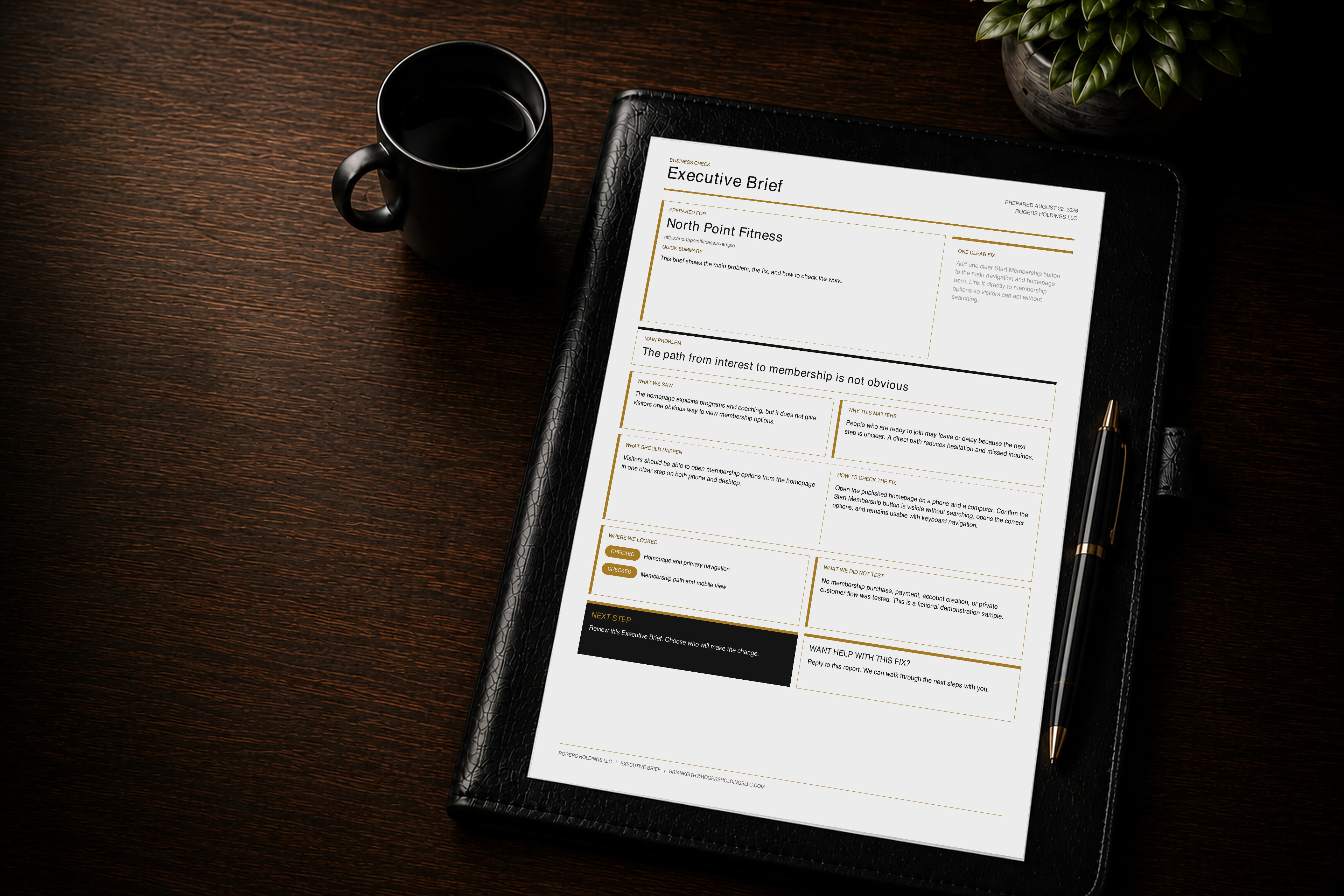 Executive Brief arranged on a leather portfolio across a warm walnut desk