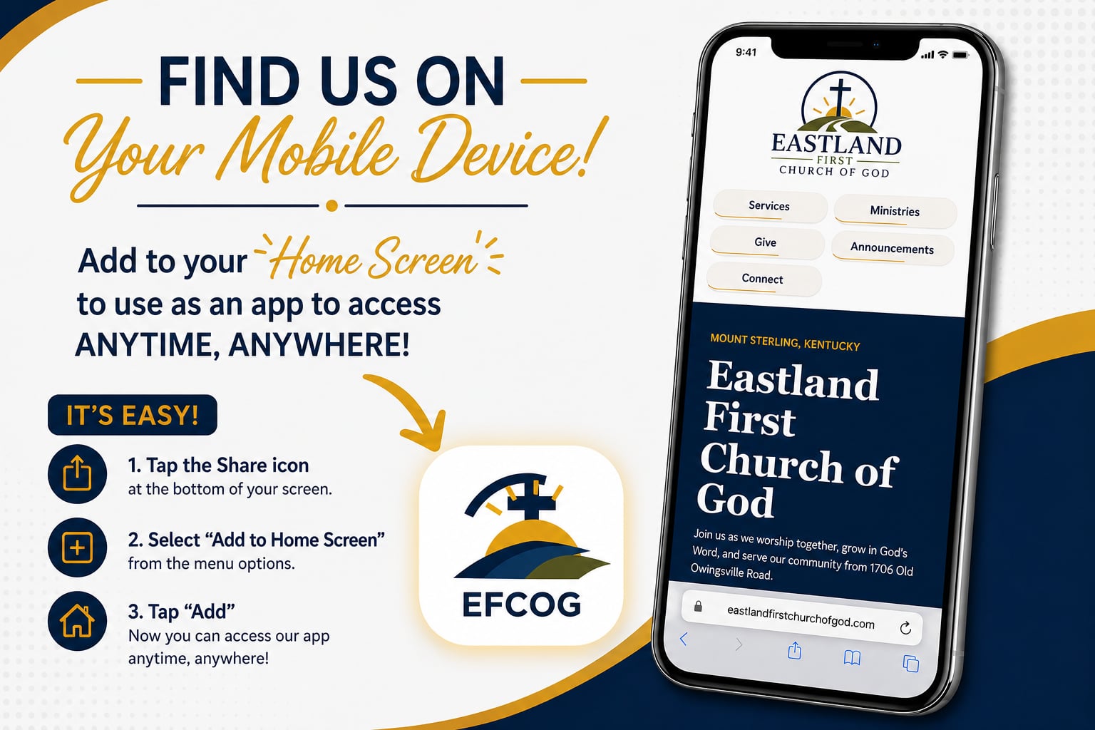 Mobile device preview showing Eastland First Church of God website and home screen access instructions