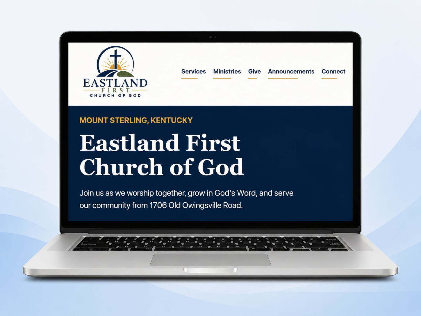Laptop mockup showing the Eastland First Church of God desktop website homepage