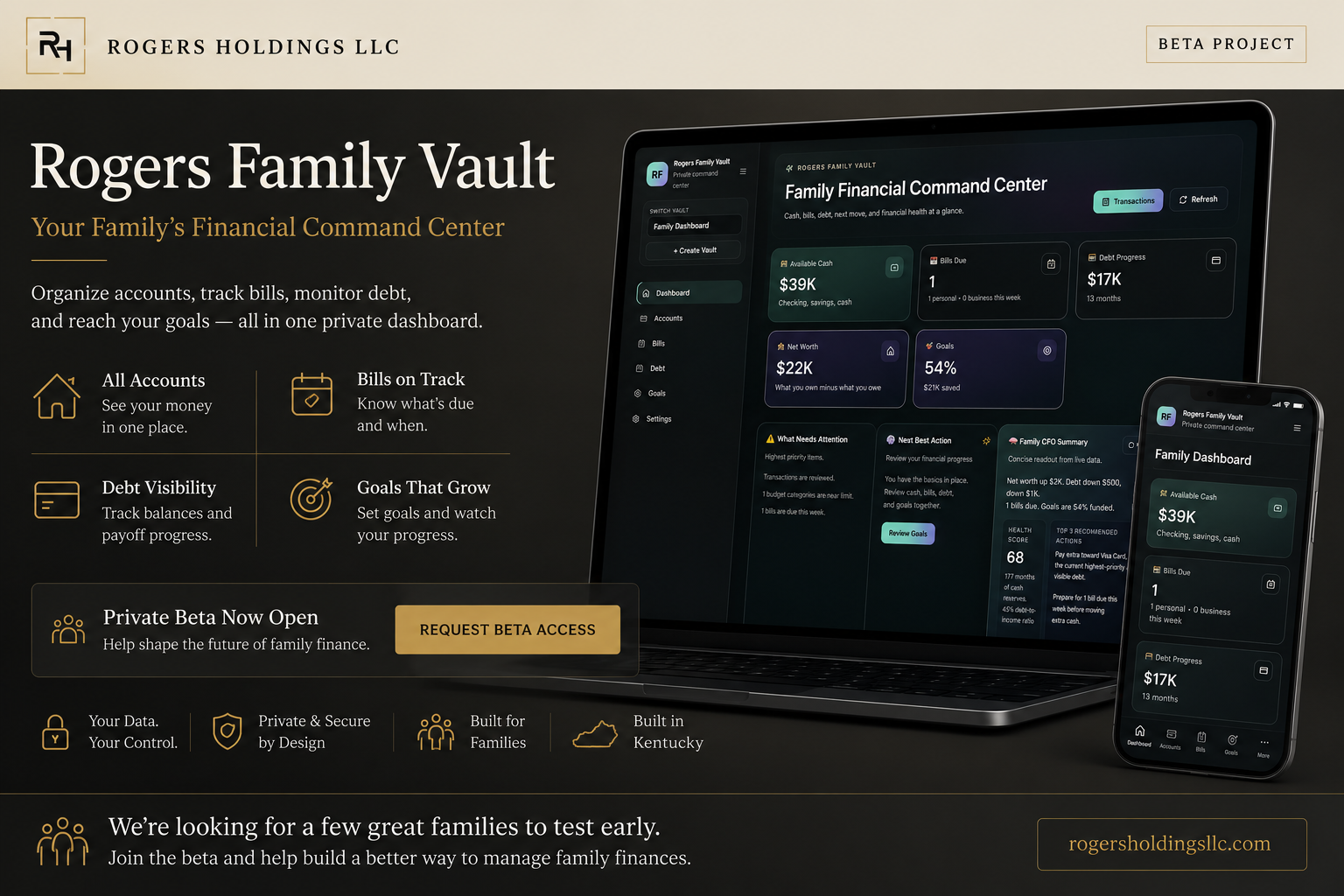 Rogers Family Vault dashboard showcase demonstrating custom dashboard and digital system capabilities